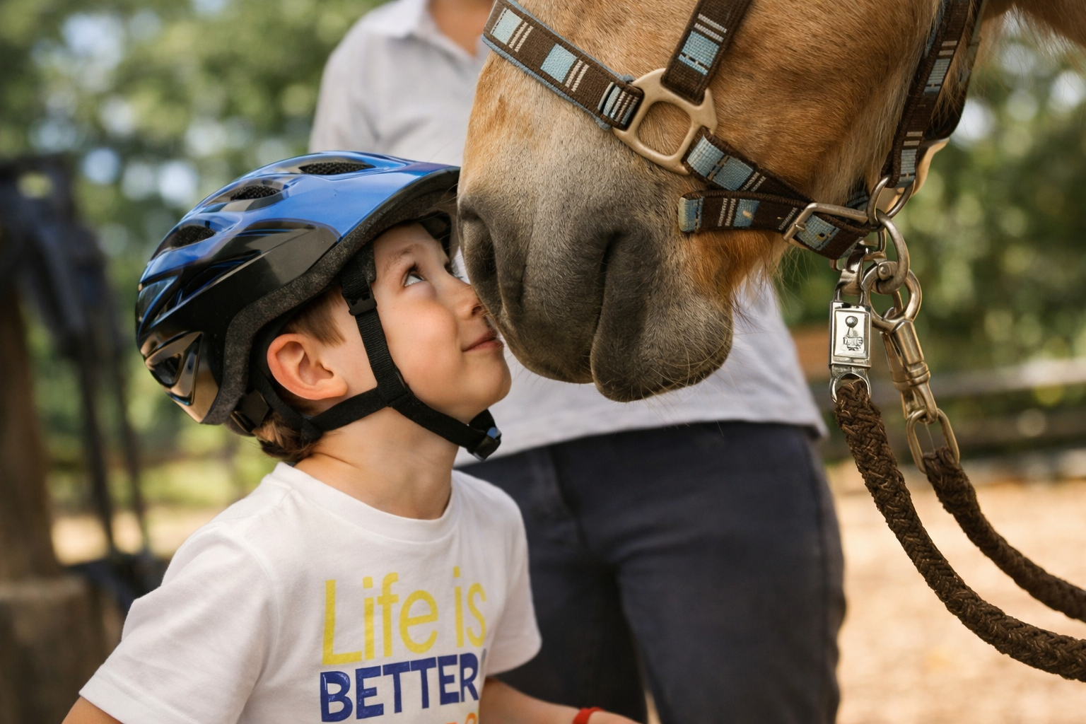Kind schaut liebevoll zu einem Pferd auf